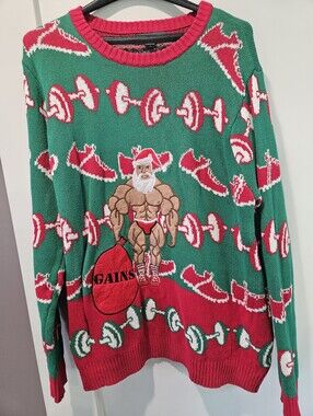 33 Degrees Gains Muscle Santa Ugly Christmas Sweater Large